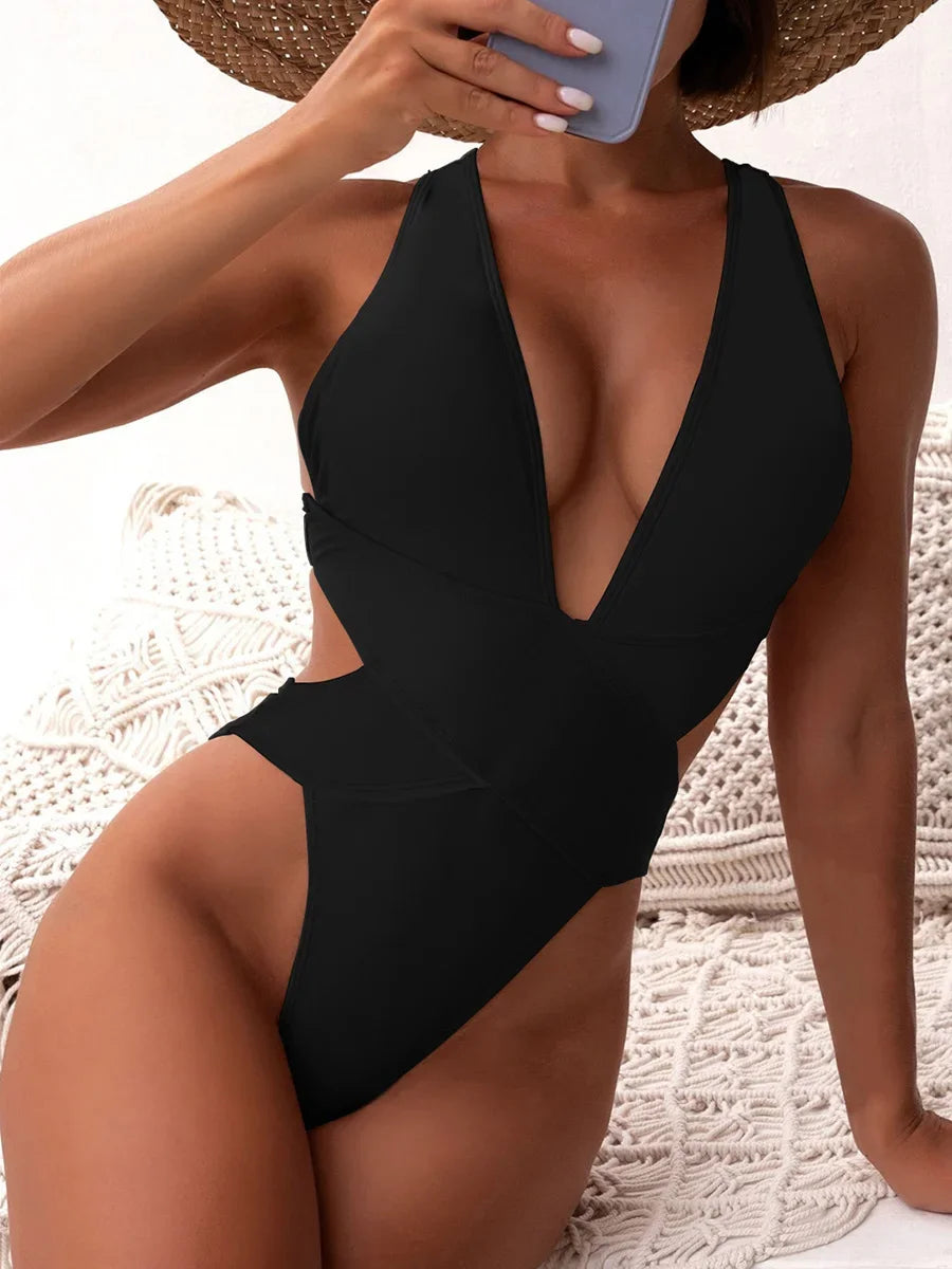 Deep V Neck Cross Backless One Piece