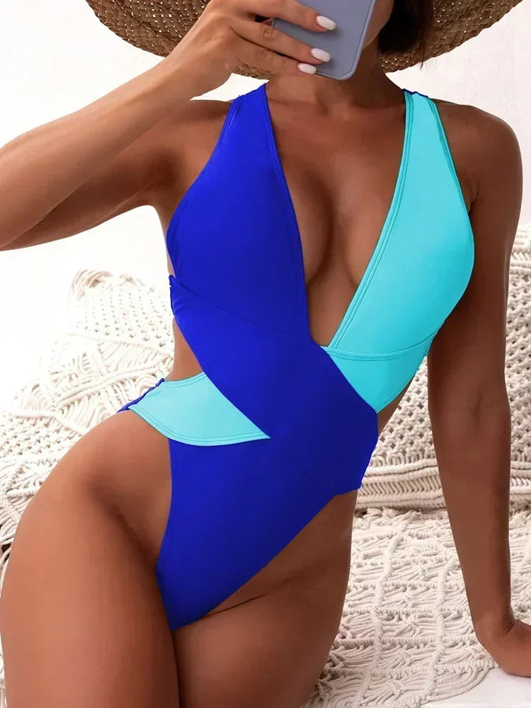 Deep V Neck Cross Backless One Piece