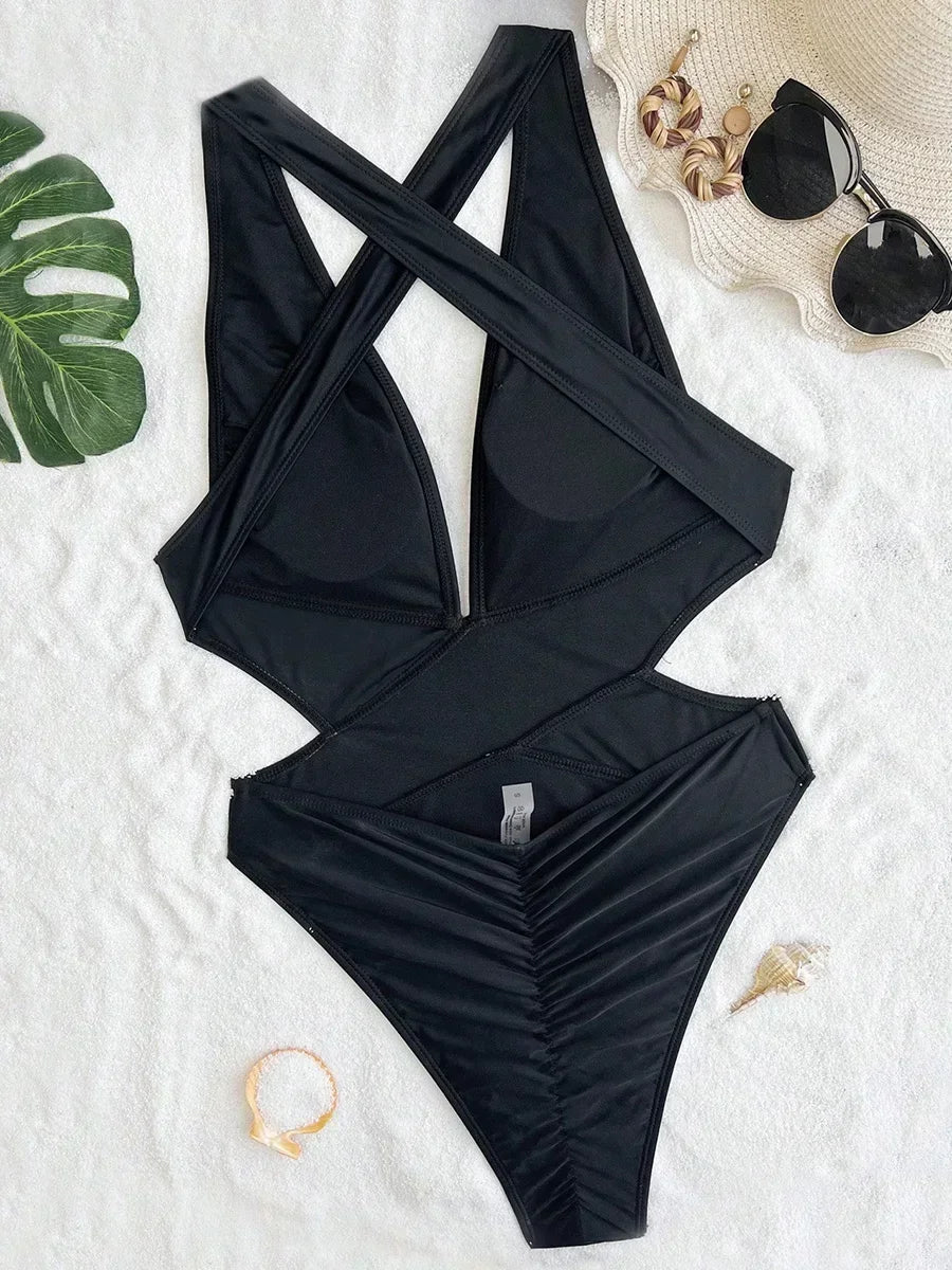 Deep V Neck Cross Backless One Piece