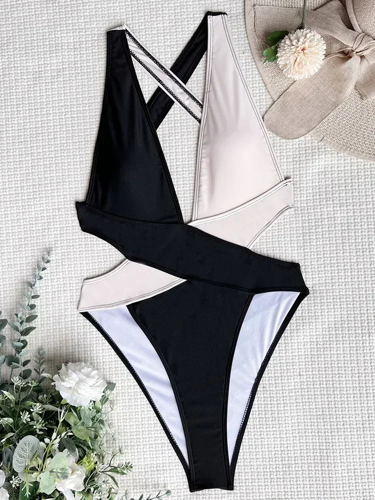 Deep V Neck Cross Backless One Piece