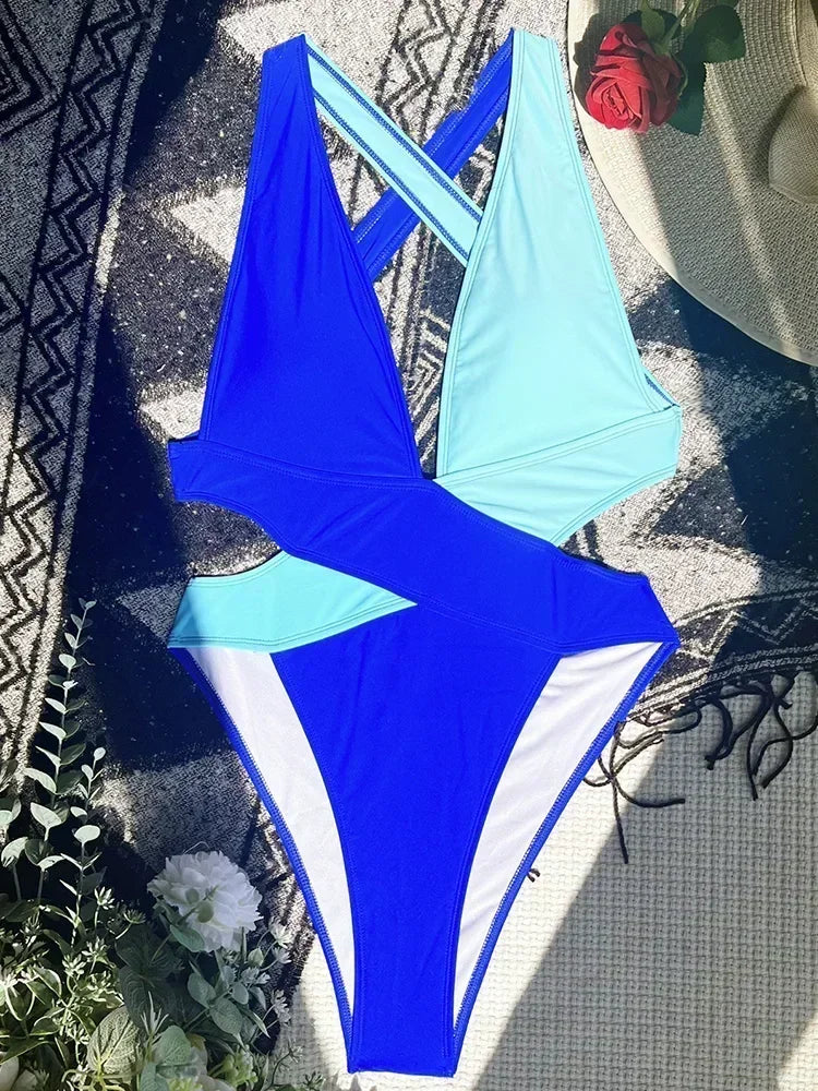 Deep V Neck Cross Backless One Piece
