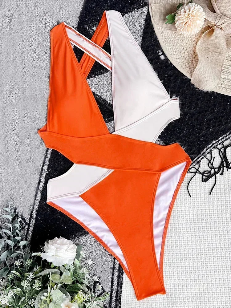 Deep V Neck Cross Backless One Piece